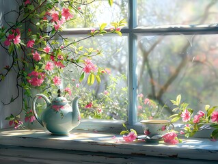 A serene morning scene with a teapot and cup on a windowsill, overlooking a garden in bloom