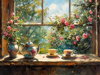 A serene morning scene with a teapot and cup on a windowsill, overlooking a garden in bloom