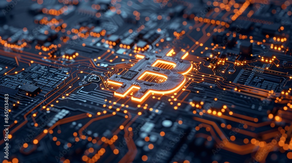 Poster a glowing digital currency symbol floating above a circuit board with intricate 3d pathways, emphasi