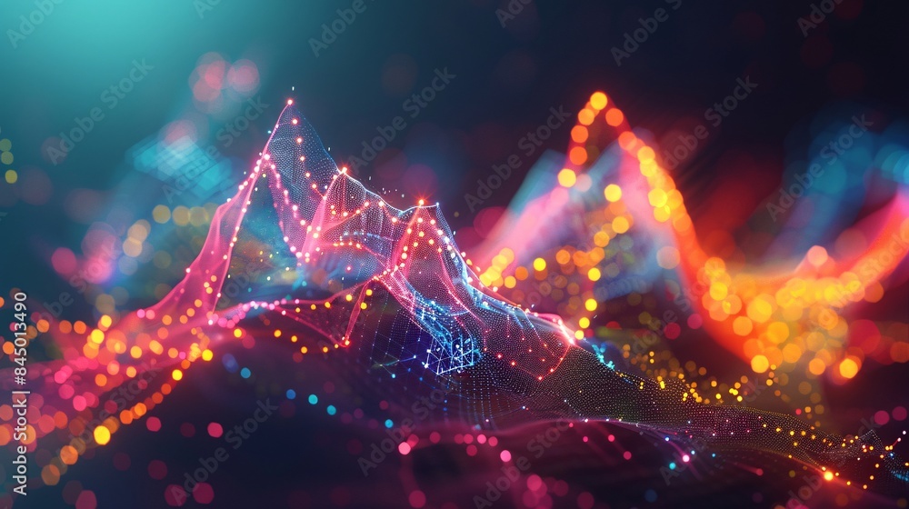 Poster a stylized line graph with geometric shapes in vibrant colors morphing and growing in a 3d space, sy
