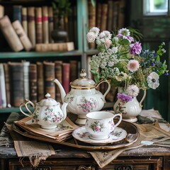 A vintage tea set displayed on an antique tray, surrounded by fresh flowers and books