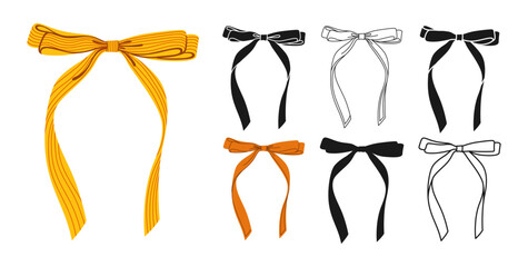 Ribbon satin bows symbol set. Trendy holiday tape sign for celebrations silhouette, icon linear design. Cute cartoon bow knot gift ribbon party accessory. Glamour hand drawn vector illustration