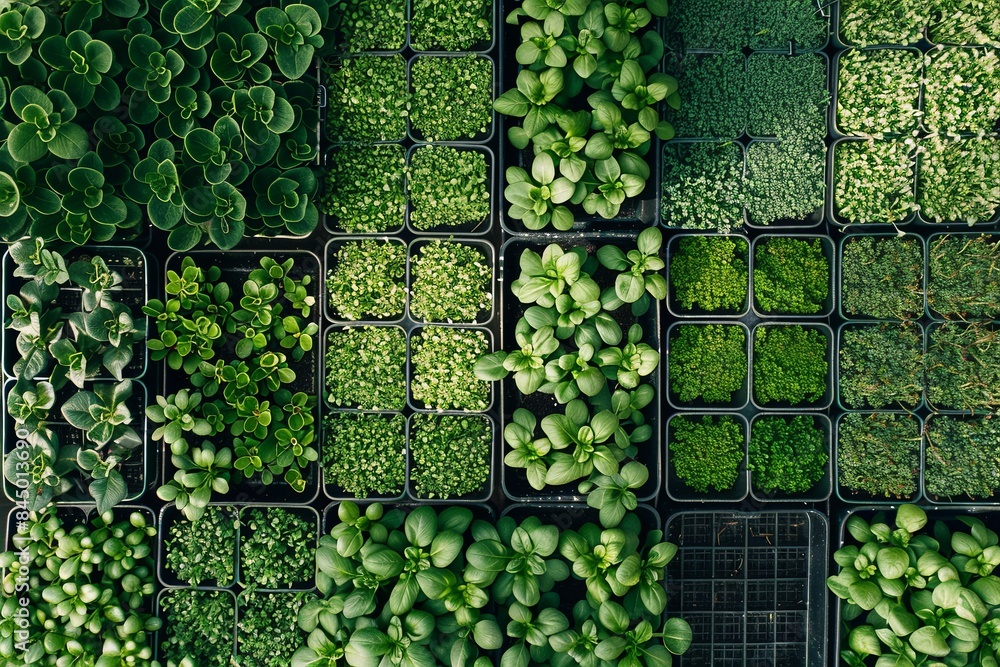 Poster A top-down view of a microgreen farm, showcasing rows of trays filled with different types of microgreens. Generative AI