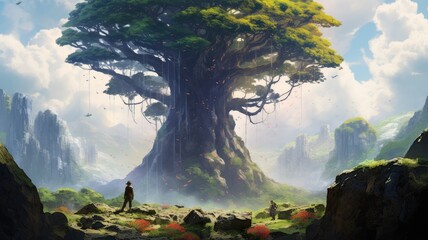 Digital art of fantasy landscape with giant tree and figure by the river. Artistic concept for wallpaper and game background. Man and tree are on a rocky outcrop that juts out from a hillside. AIG35.
