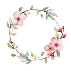 Watercolor circle wreath with pink flowers. An image of circle picture frame decorated with pink flower and green leaves and separated with white background. Wedding and springtime concept. AIG35.