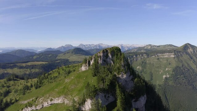 Drone flight over the summit of the Wieslerhorn in the Osterhorn group, Postalm, Salzkammergut, Salzburg province, Austria, Europe