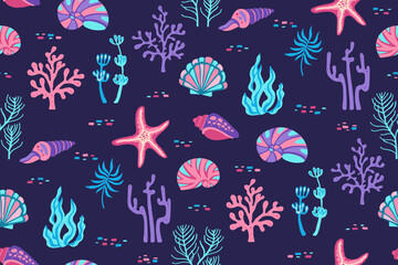 Sea shells underwater seamless pattern. Aquarium or marine life algae corals trendy boundless background. Seashells and seaweed endless design for paper print, fabric textile wrapper backdrop template
