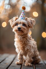 A small, fluffy dog wearing a party hat sits on a wooden surface, with warm bokeh lights creating a festive background.