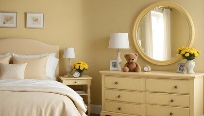 A detailed high-definition image of a serene bedroom with a round mirror above a dresser, reflecting the room’s elegant and calming ambiance.