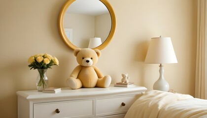 A detailed high-definition image of a serene bedroom with a round mirror above a dresser, reflecting the room’s elegant and calming ambiance.