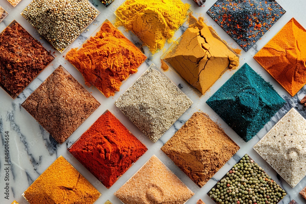 Aufkleber an overhead view of assorted loose spices arranged in a grid on a white surface. generative ai