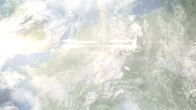 Earth zoom in from space and focus on Giessen, Germany. Background for travel intro or blog. Satellite view. 3D style Animation. Images from NASA.
