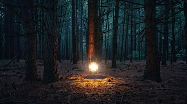 Glowing lantern illuminating the serene ambiance in the heart of the forest
 Seamless looping 4k time-lapse virtual video animation background. Generated AI