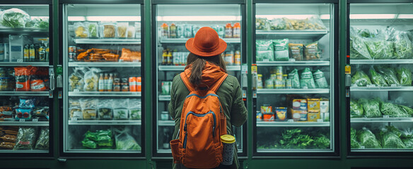 Woman in front of frozen food in supermarket