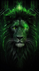 Wild lion head in a green color scheme.