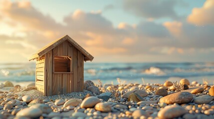 Handcrafted Wooden Shed Model on Beach Sand with Stones Backdropped by Sunset Sky Representing Harmony and Tranquility Vintage Film Style - Powered by Adobe