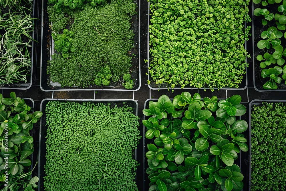 Poster An overhead view of a microgreen farm with multiple trays containing different types of fresh microgreens. Generative AI