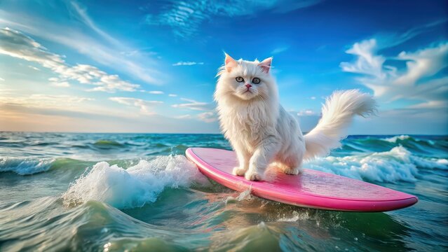 A white Persian cat surfing on a pink surfboard in the ocean with copy space for advertising , cat, white, surfboard, surfing, pink, ocean, beach, wave, surfer, sun, cute, Persian, new