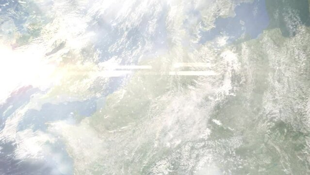 Earth zoom in from space and focus on Gladbeck, Germany. Background for travel intro or blog. Satellite view. 3D style Animation. Images from NASA.