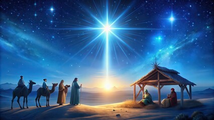 Fototapeta premium Christmas night with Comet star shining over nativity scene of Jesus Christ birth in Bethlehem , Christmas, night, Comet star, starry sky, Bethlehem, Nativity scene, Jesus Christ, birth