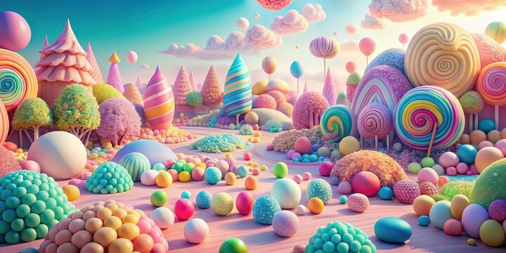 Colorful pastel candy landscape with no people, fantasy, background, generative AI, vibrant, sweet, sugary, whimsical, surreal, dreamy, candyland, playful, colorful, fantasy world
