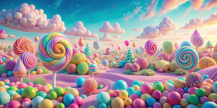 Colorful pastel candy landscape with no people, fantasy, background, generative AI, vibrant, sweet, sugary, whimsical, surreal, dreamy, candyland, playful, colorful, fantasy world