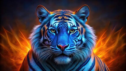 Obraz premium Closeup of electric blue pattern on black and orange tiger fur , animal, wildlife, texture, design, vibrant, colors, close-up, detail, nature, beautiful, abstract, feline, wild, background