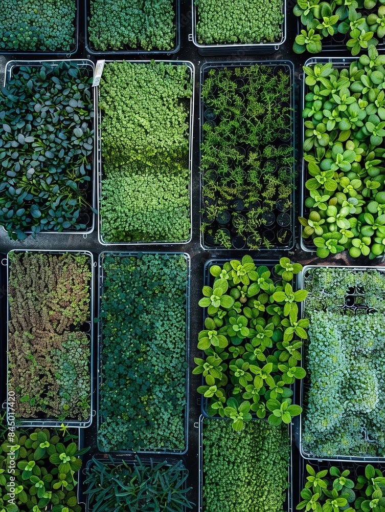 Poster An overhead shot showcasing a variety of microgreens growing in trays, creating a vibrant, verdant display. Generative AI