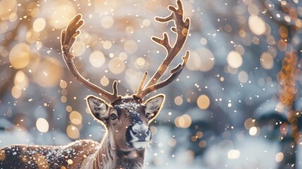 Defocused reindeer standing in front of a winter wonderland with soft flakes of snow falling in the background. .