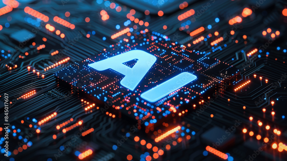 Poster artificial intelligence and ai technology concept processor chip or mother board background llms