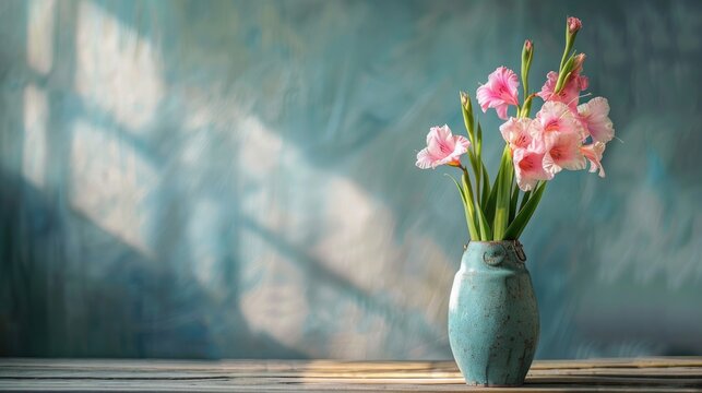 Pink Gladiolus Flowers in Vase on Wooden Table in Room Space for Text
