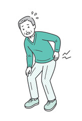 腰痛で腰に手を当てる高齢男性のイラスト