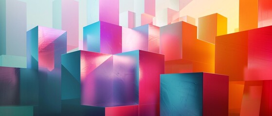 Cubic structures float weightlessly in a sea of vibrant hues, their sharp edges softened by subtle gradients of light, Generative AI
