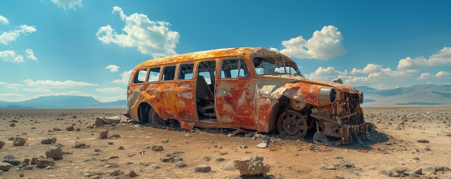 Rusty abandoned bus in a desert landscape