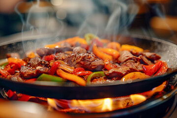Fajitas sizzling on a hot skillet, with peppers and onions