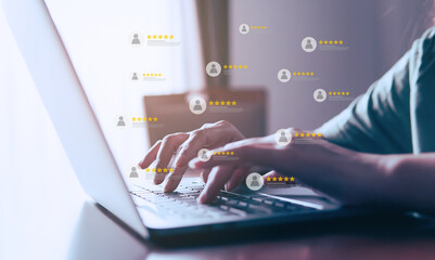 Customer review good rating concept, hand pressing user and five star icon on visual screen for...