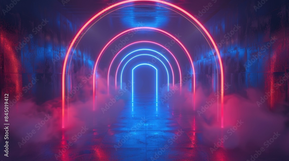 Poster blue abstract background with neon light tunnel arch corridor red laser beams and smoke in a light a