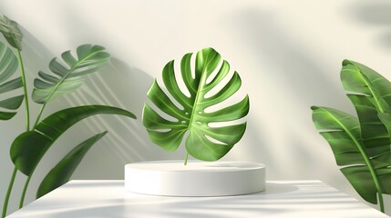 3D product presentation background with white podium and monstera leaf.