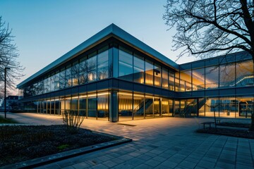 Obraz premium Modern Glass Building with Walkway A Contemporary Architectural Marvel in the Heart of the City