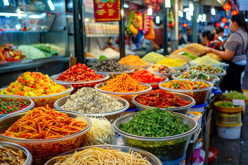 
Tlayudas with a variety of toppings, served in a bustling market.