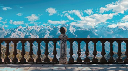 The mountains are located behind the railings