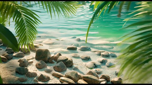 A beach scene with palm trees and rocks. Scene is calm and relaxing. The rocks on the beach provide a contrast to the lush green palm trees, creating a sense of balance and harmony