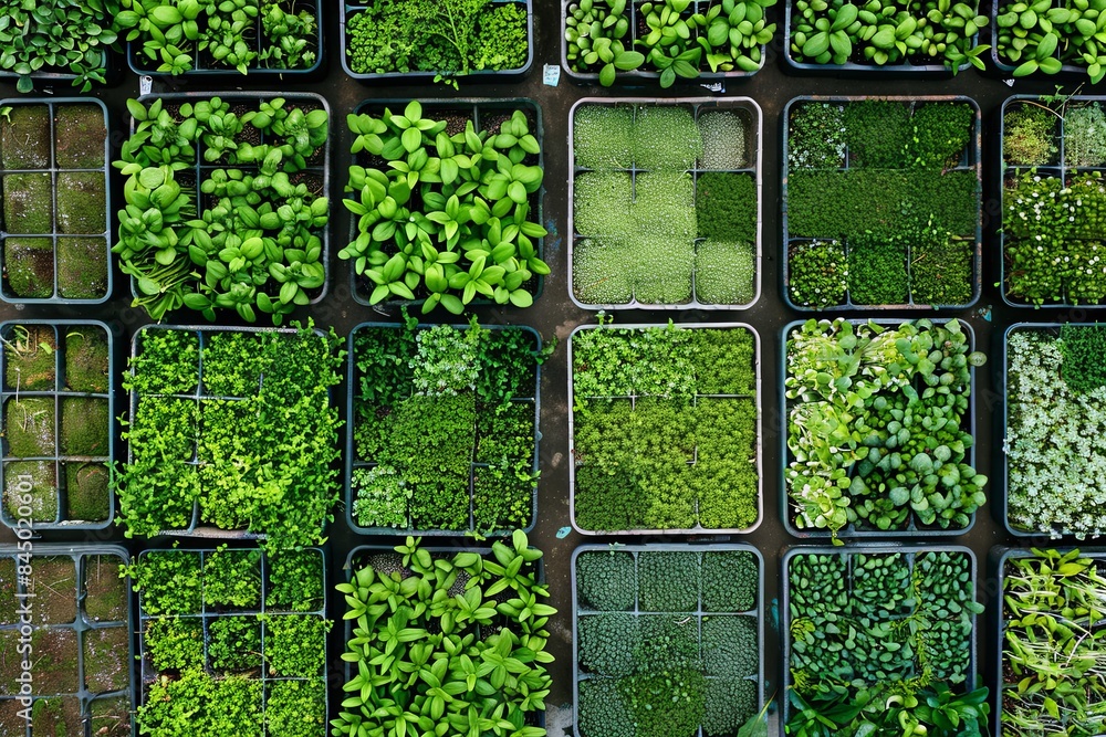 Poster A top-down view of a microgreen farm featuring rows of trays brimming with diverse varieties of microgreens, showcasing the vibrant green hues of freshly harvested sprouts. Generative AI