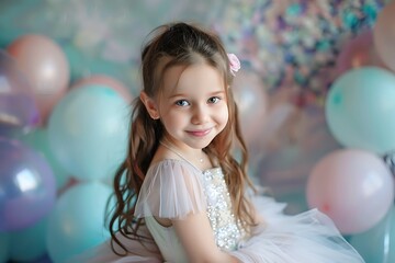 Naklejka premium portrait of a cute child girl in an elegant dress celebrating her birthday against the background of balloons