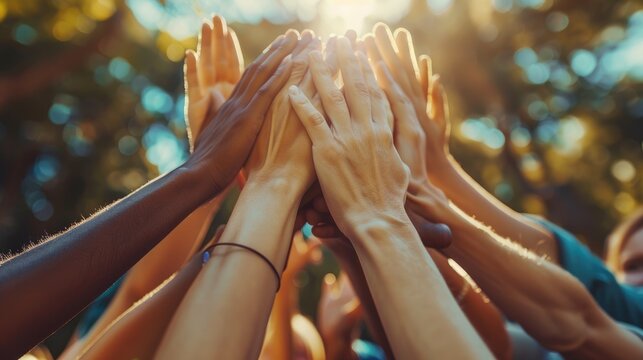 A group of diverse people reaching their hands together in unity and support with a bright light in the background. AIG535