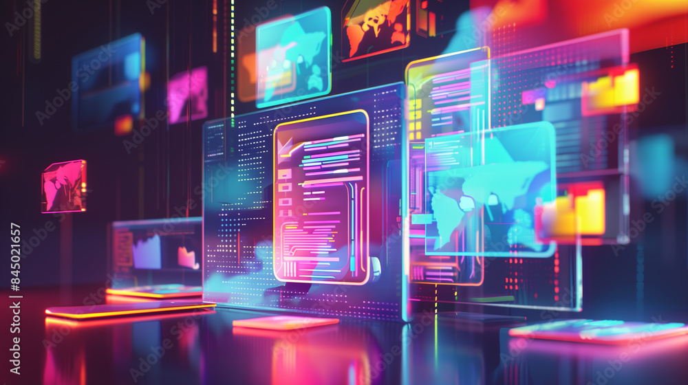 Poster online data backup system virtual display futuristic digital business data management software techn