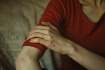 A woman with red shirt and hands on her arm