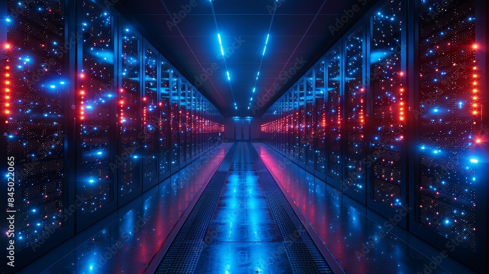 Poster a futuristic server room with glowing red and blue lights, creating an abstract and technological at