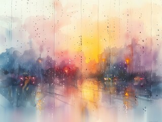 Colorful cityscape painting with rain and reflection. Blurry effect with vibrant colors capturing a dreamy urban mood.