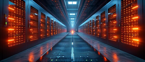 Fototapeta premium A futuristic server room with glowing red lights and a long, empty corridor.
